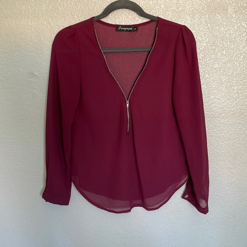 onayaya burgandt sheer zip up blouse gold zipper